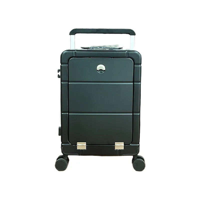 20-inch front opening hard-shell cabin suitcase in silver colour with visible cup holder and wet-dry separation zip.