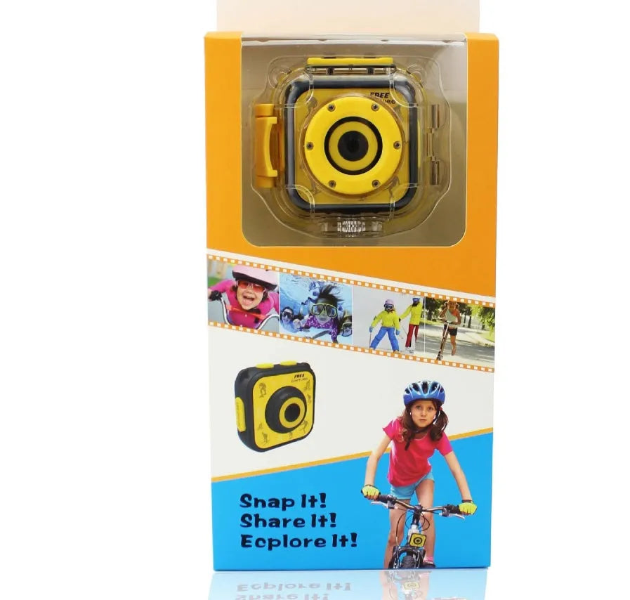 Yellow children's waterproof sports camera showing front with lens and 1.77-inch screen.