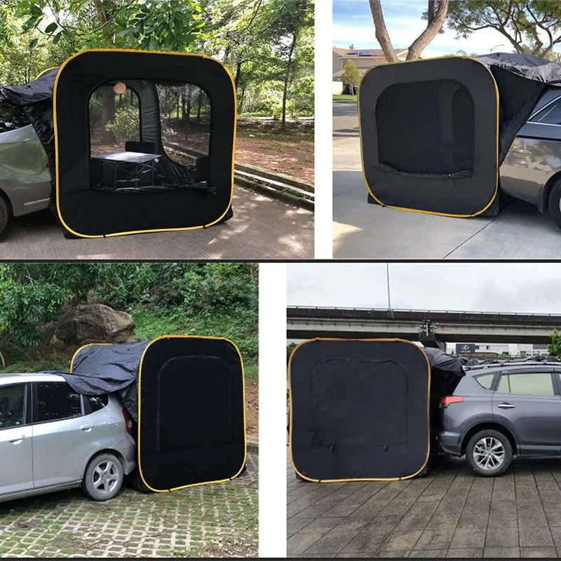 Black pop-up outdoor camping car tail tent with quick set-up, shown unfolded next to a vehicle.