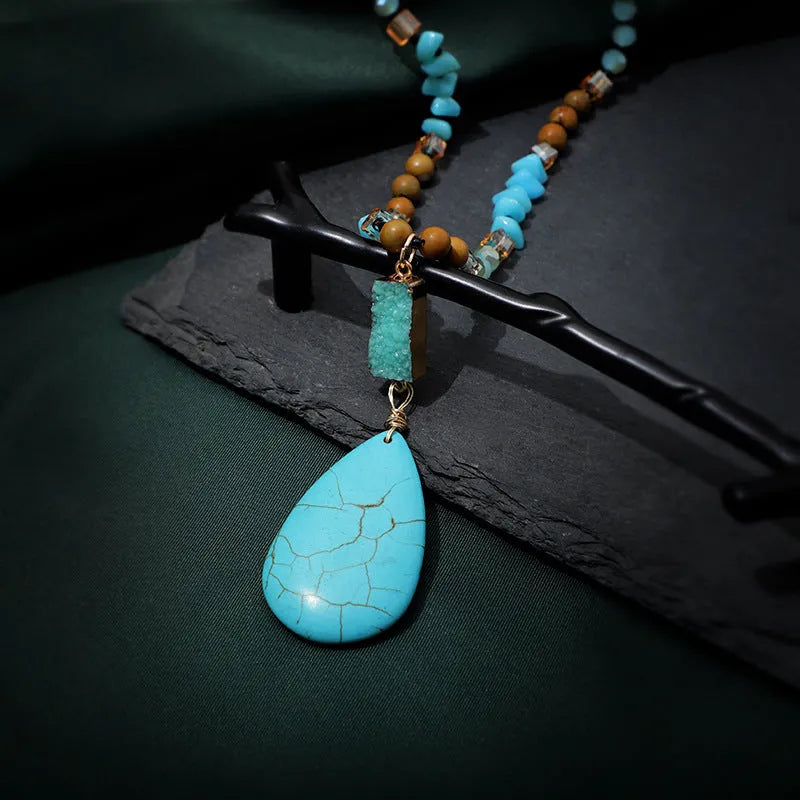 Turquoise big water drop imitation mineral pendant fashion necklace with ball bead chain