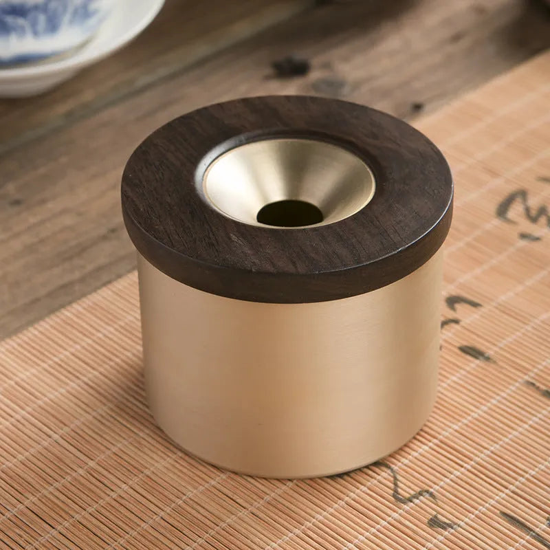 Retro brass ashtray with copper body and black or rosewood wooden lid featuring a middle hole design for living room use