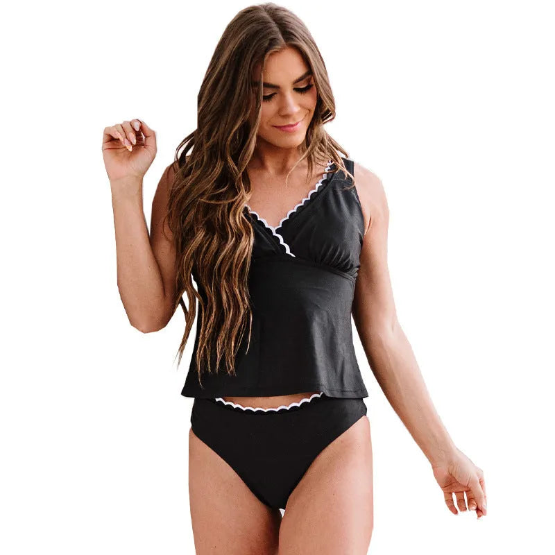 Solid black women's nylon bikini swimsuit set on a white background