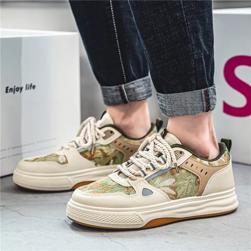 Beige and green canvas casual flat shoes with round toe on a white background.