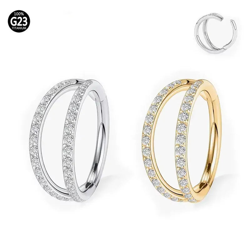 Titanium alloy nose ring with G23 monoclinic diamond finish in gold colour showing gauge size