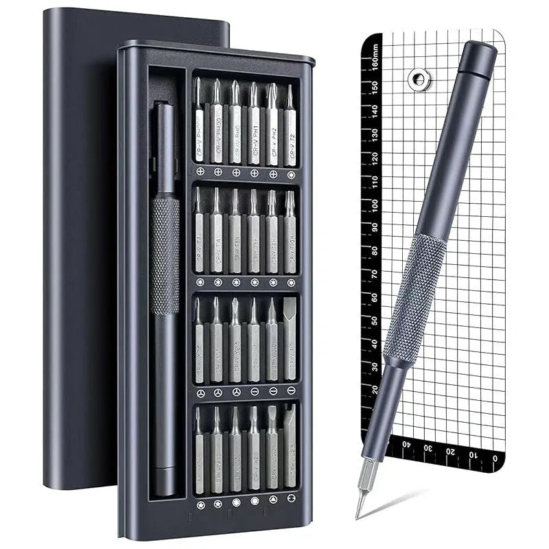 25-in-1 magnetic precision screwdriver set with knurled handle, showing multiple bit types.