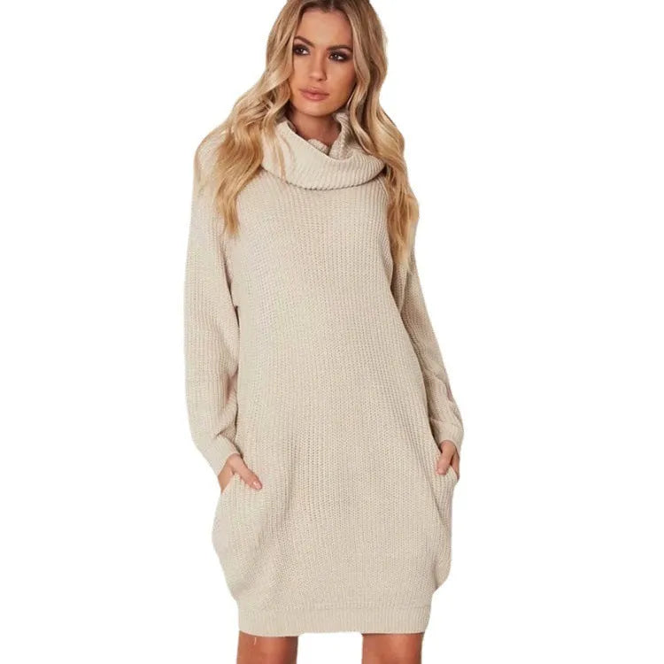 Apricot coloured pullover sweater with lapel neckline and side pockets on mannequin