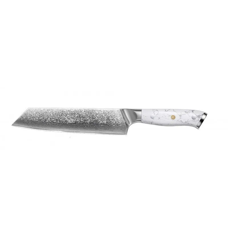 Damascus VG10 steel chef's knife with 21cm blade combining eight cutting functions