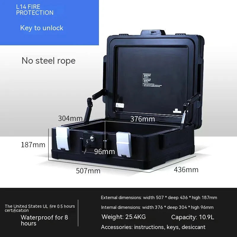Compact grey portable mechanical safe box with key lock for personal valuables storage.