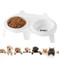 Ceramic elevated cat bowl set with tilted feeding platform on ABS stand in blue, pink, white, or yellow