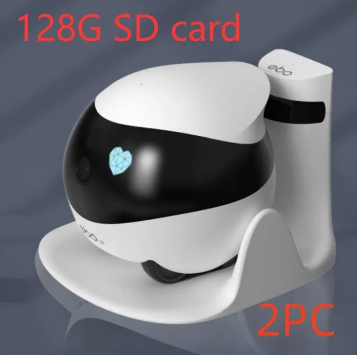 White smart home mobile surveillance robot camera on table with automatic docking station