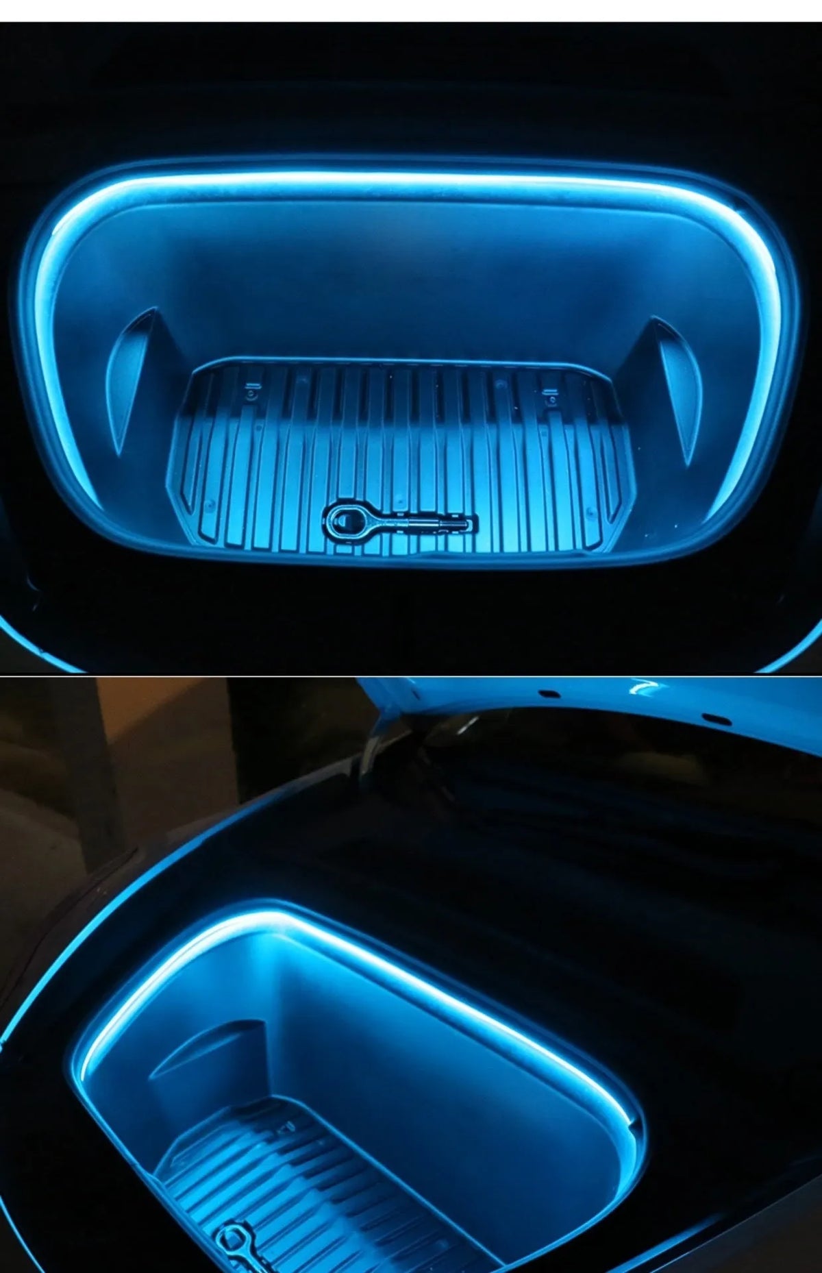 Tesla Model 3 front console illuminated by a soft silicone LED ambient light bar.