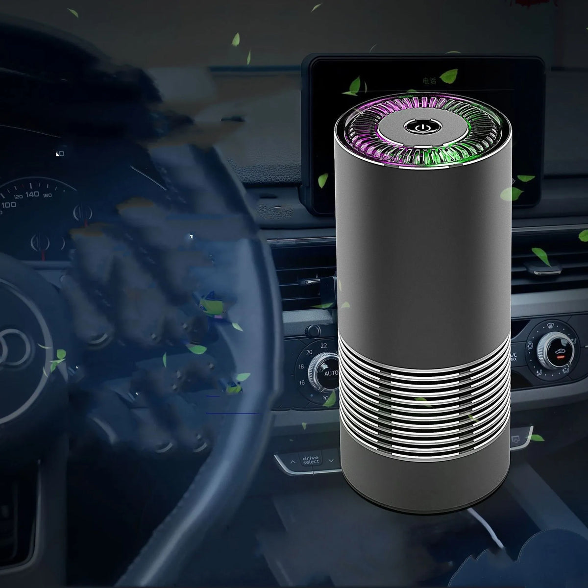 Black car wireless air purifier with negative ion generator on a car dashboard.