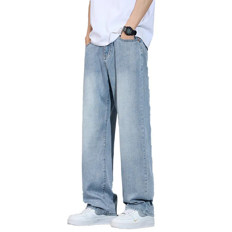 Straight leg casual trousers in thin ice silk denim with wide leg design