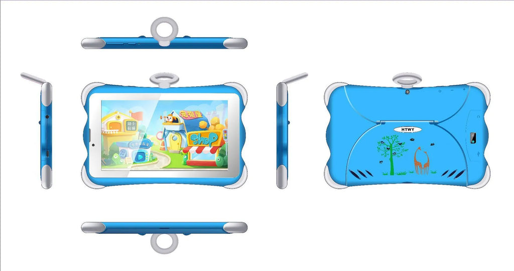 7-inch children's learning tablet with colourful cartoon design, showing screen interface and built-in stand