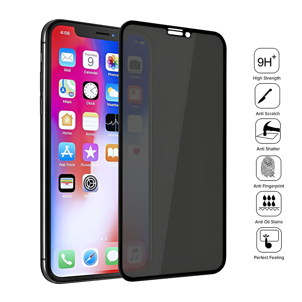 Black anti-peeping tempered glass screen protector for iPhone with privacy protection feature