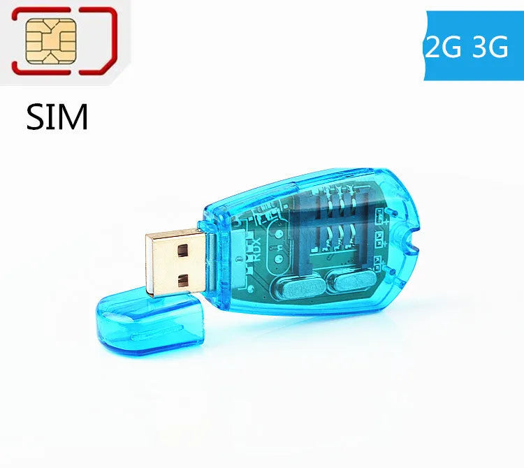 Blue mobile phone SIM card reader with USB connector for data backup.