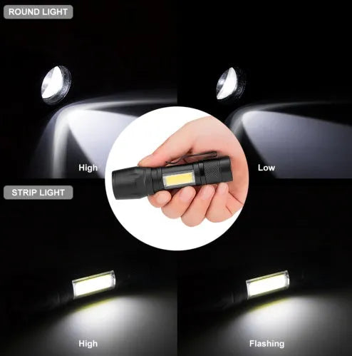 Black mini telescopic aluminium LED flashlight with adjustable focus and pocket clip