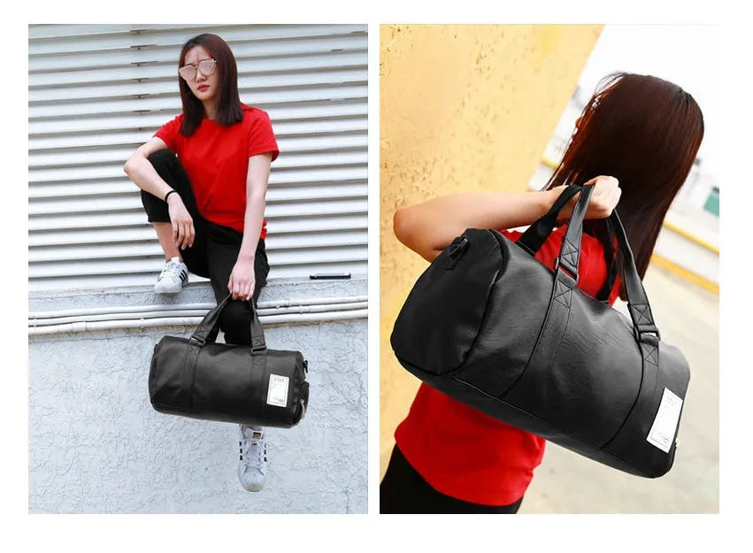 Black waterproof sports fitness bag with separate shoe compartments shown in two size options