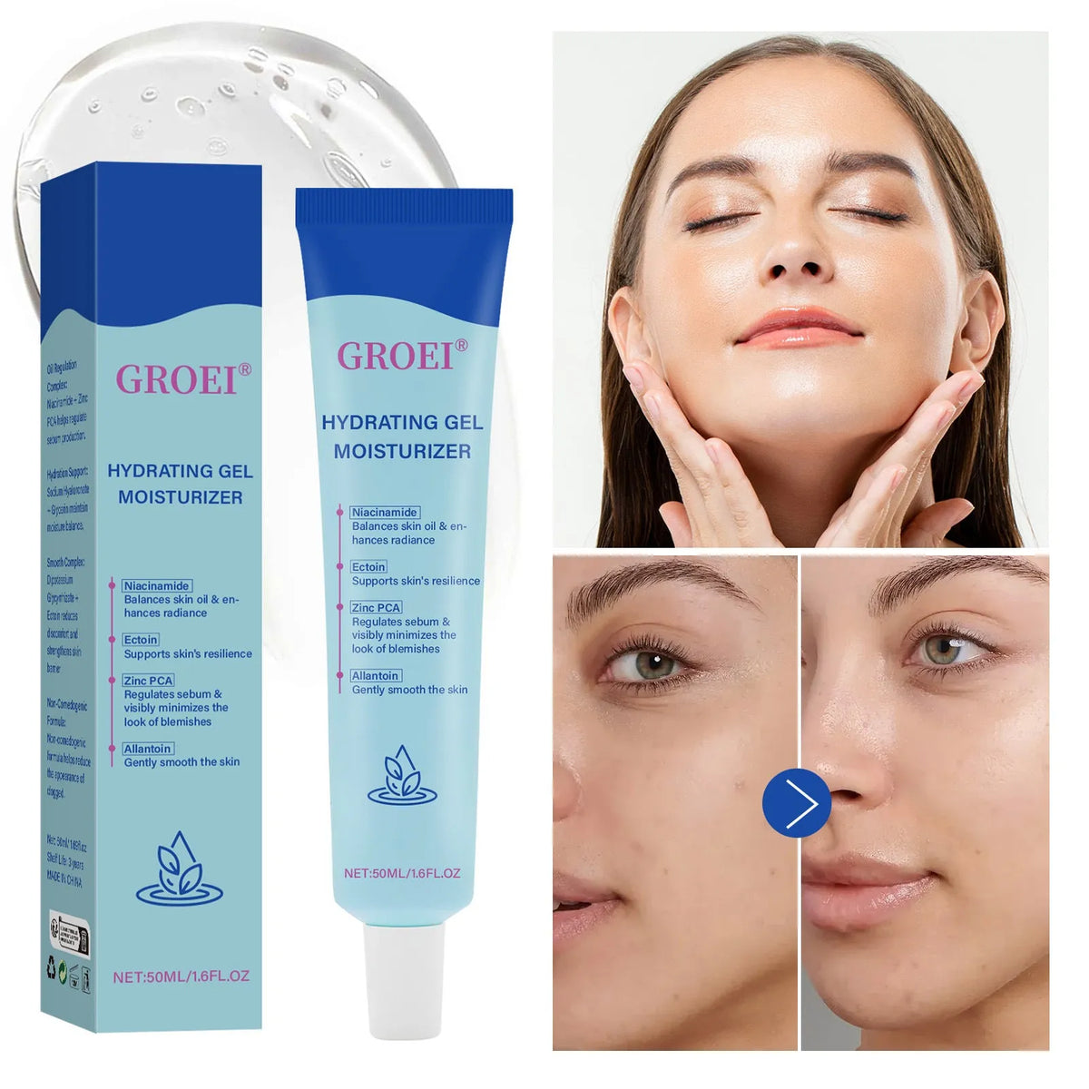 50ml airless pump bottle of hyaluronic acid hydrating facial moisturising gel