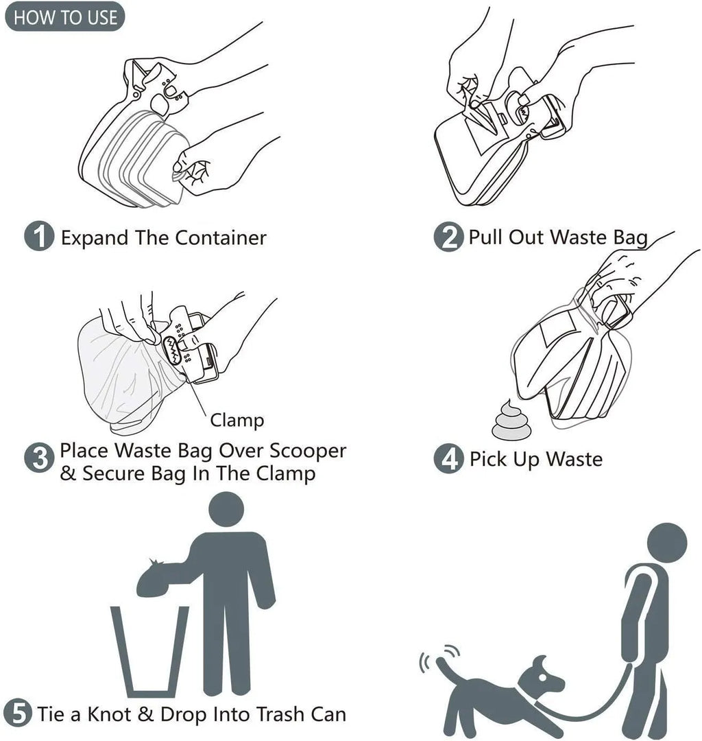 Blue handheld dog pooper scooper with clip, showing expanded waste container and integrated bag dispenser.