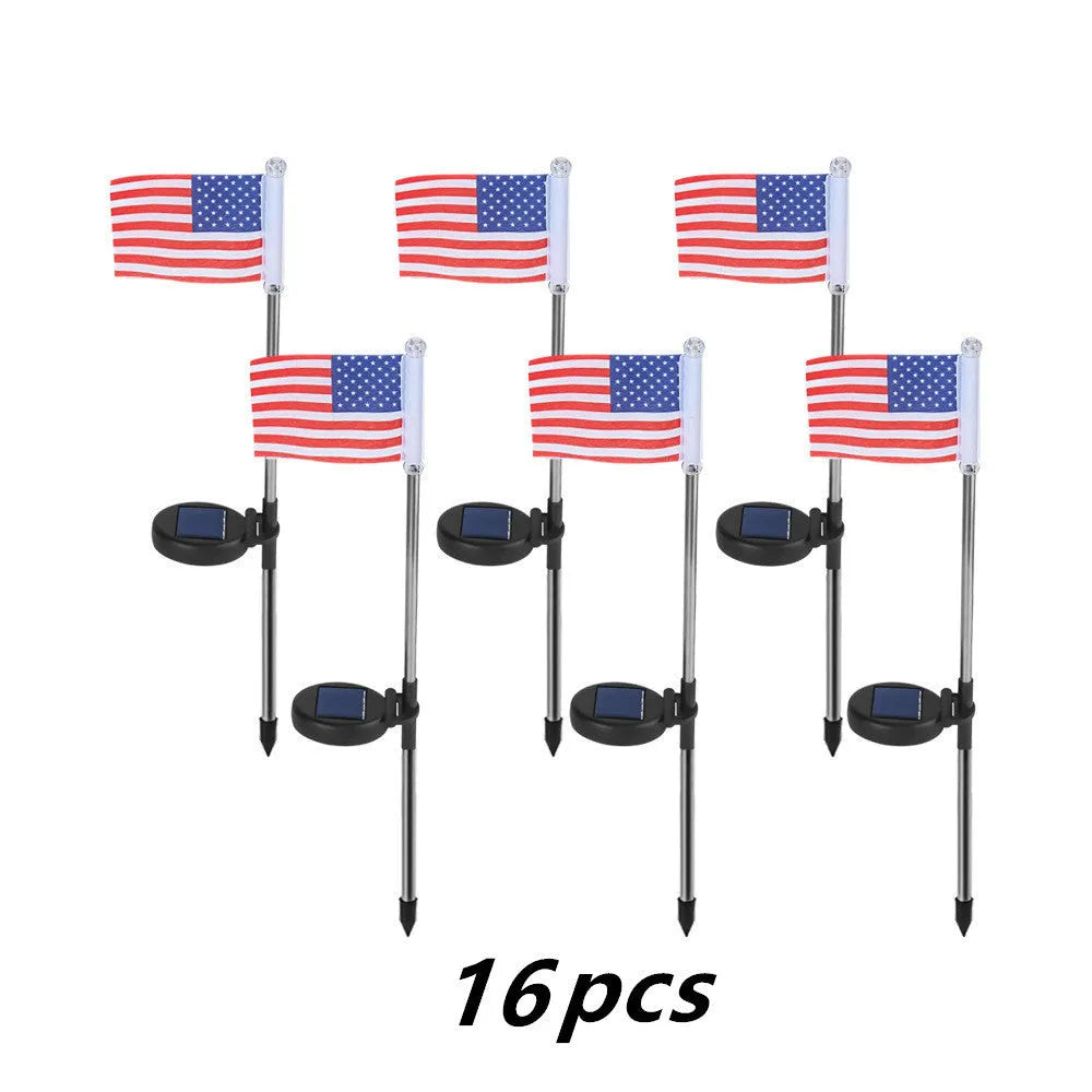 Solar garden flag light showing American or British flag design with stainless steel and plastic construction.