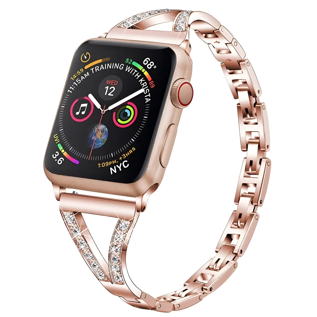 Stainless steel watch bracelet with diamond studs in gold, rose gold, white, black, and pink colour options.