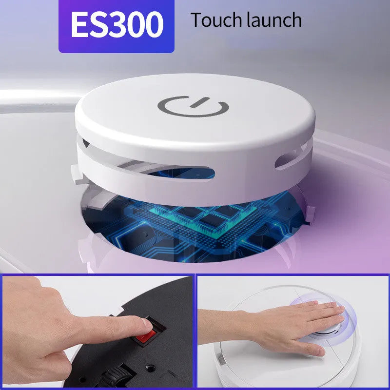 Compact white automatic sweeping robot on a wooden floor