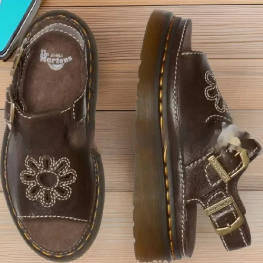 Men's black embroidered beach sandals with floral pattern and flat slip-on design