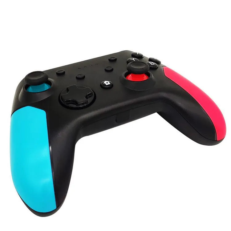 Switch Bluetooth wireless gamepad in left blue and right red colour scheme next to a Nintendo Switch console.