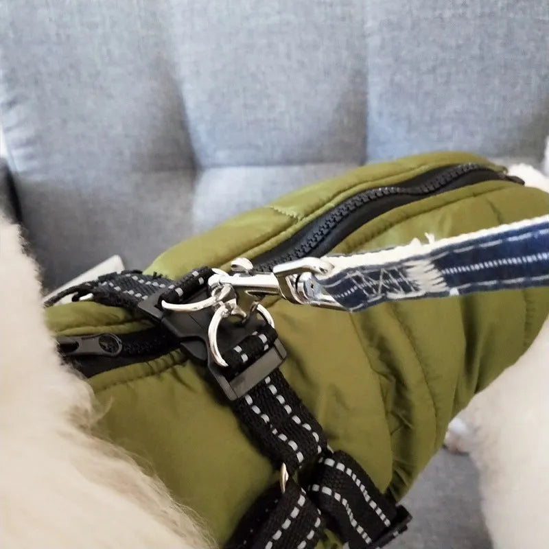 Waterproof rain silk dog winter coat with harness hole in navy blue for large breeds