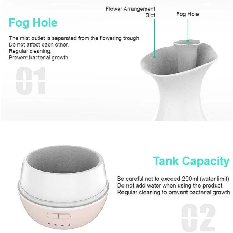 White ultrasonic aromatherapy vase with 200ml capacity, night light, and timer controls for home fragrance diffusion