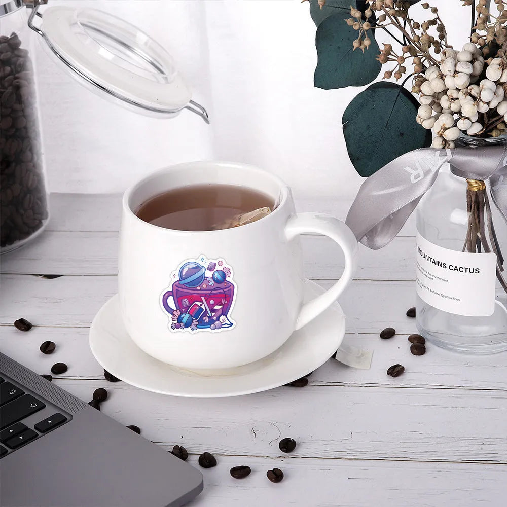 Colourful tea cup design waterproof graffiti stickers for scooters and luggage customisation