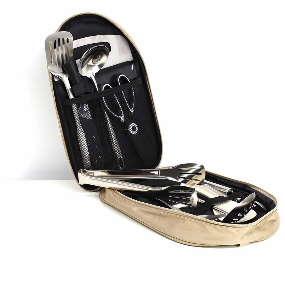 12-piece stainless steel picnic cutlery set inside a khaki portable storage bag.