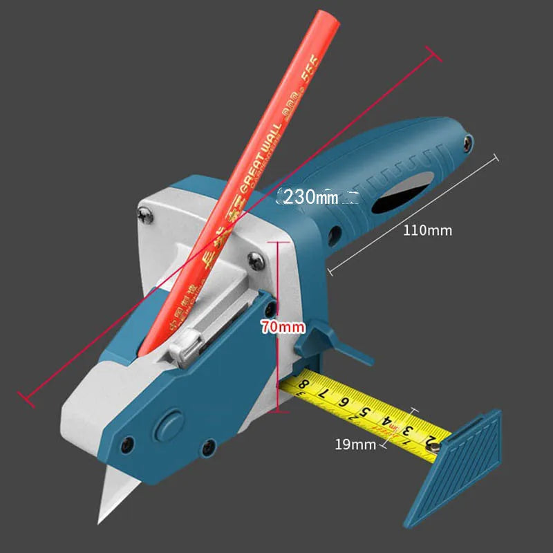 Blue multifunctional woodworking cutter with aluminium alloy body and measurement scale.