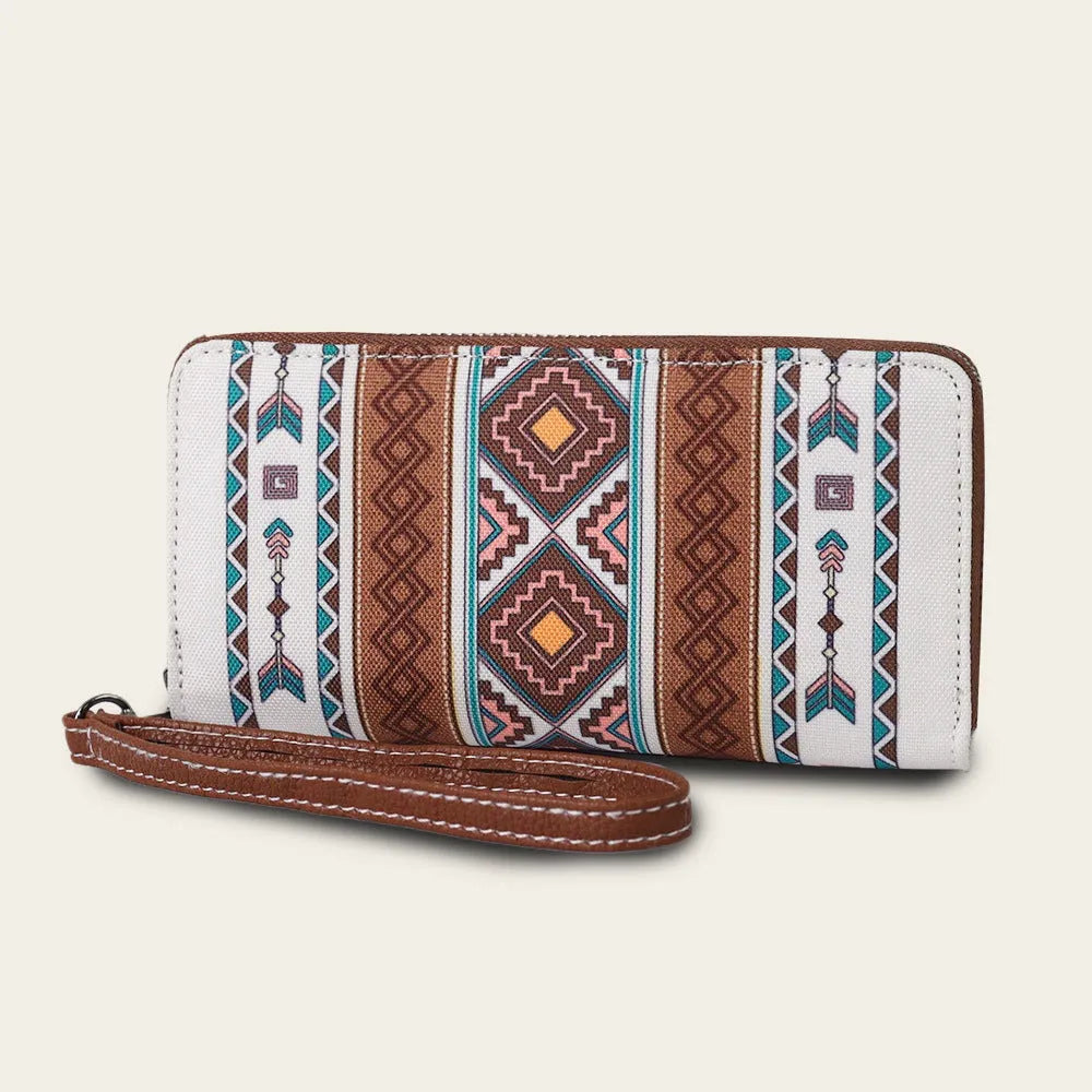 Bohemian canvas RFID wallet with wind belt closure in striped pattern