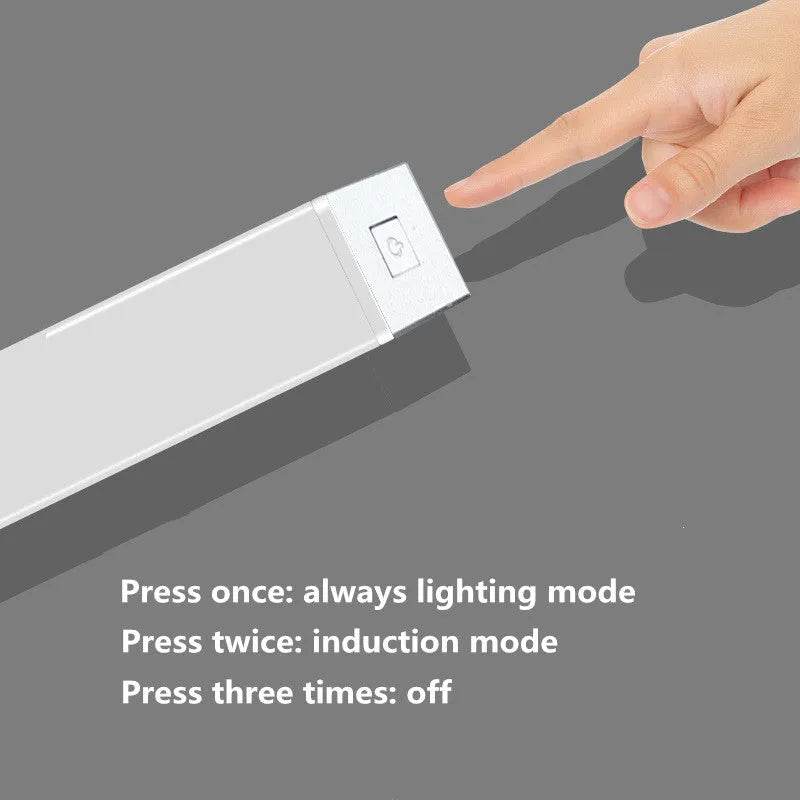 Aluminium magnetic LED closet light with motion sensor in white or warm white, shown mounted inside a wardrobe.