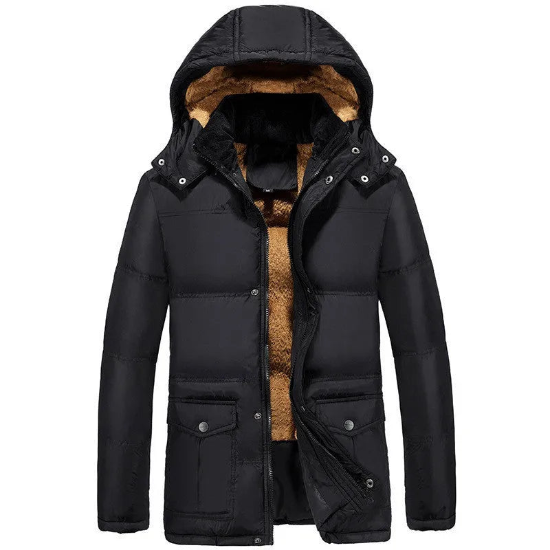 Men's black velvet-lined padded jacket with double-breasted placket and hood in loose fit