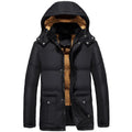 Men's black velvet-lined padded jacket with double-breasted placket and hood in loose fit