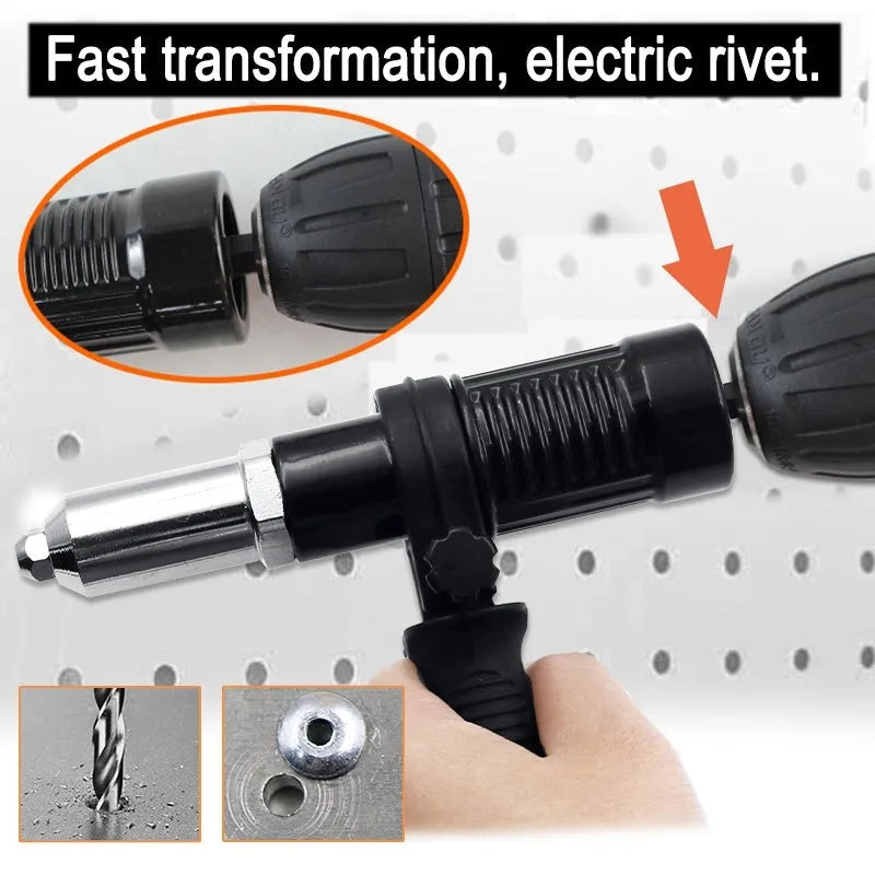 Black metal electric drill rivet gun attachment with handle and wrench, length 173mm.