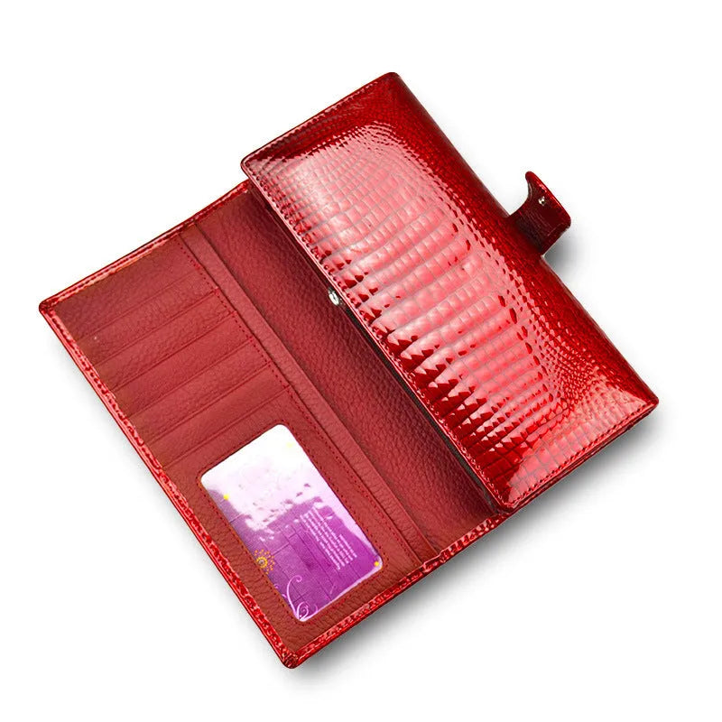 Women's genuine leather coin purse with crocodile pattern in wine red.