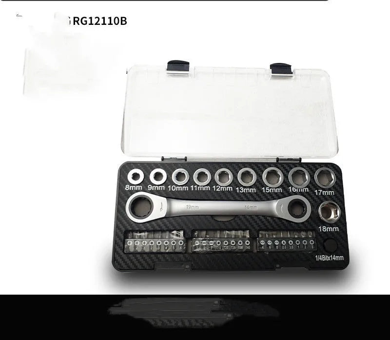 Ratchet wrench set with sockets and batch heads arranged in compact tool kit