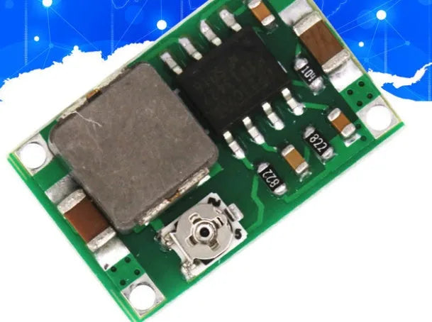 Mini-360 green DC-DC buck converter module measuring 17mm × 11mm with synchronous rectification