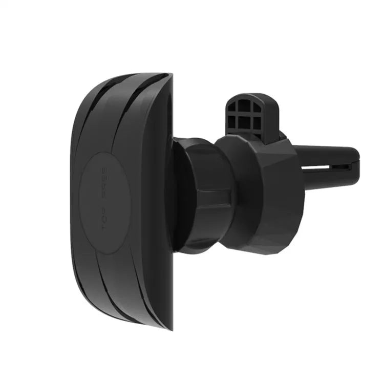 Black car phone holder clipped to car air vent with adjustable arms gripping a smartphone