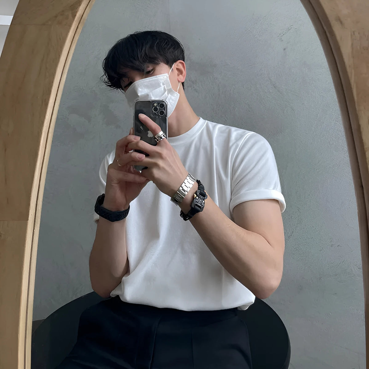 Men's slim fit round neck cotton t-shirt in black solid colour on a white background