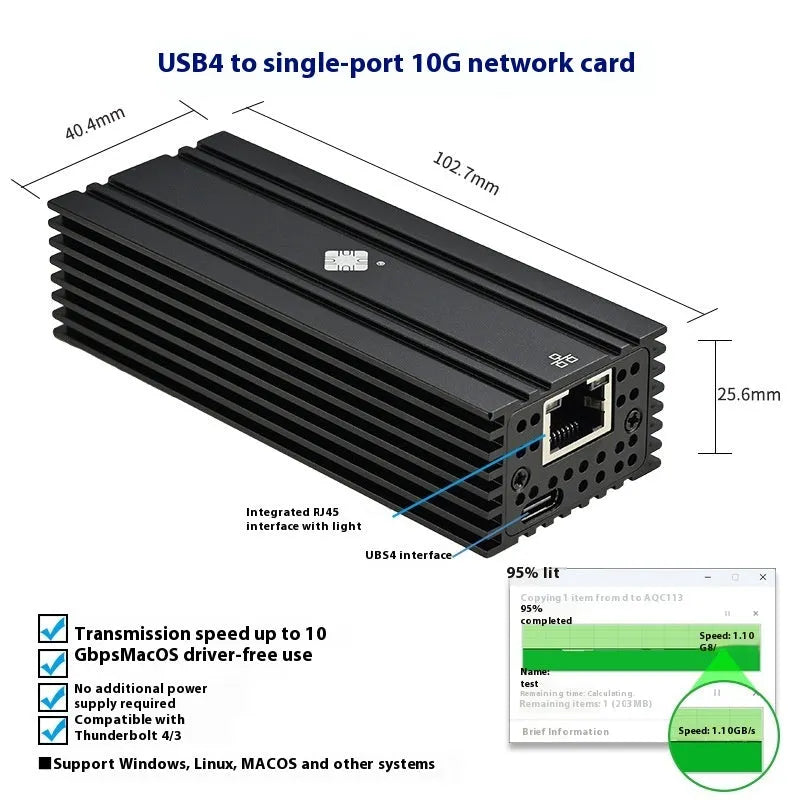 Black Leyu USB4 to RJ45 10 Gigabit Ethernet network adapter dongle with 20cm cable