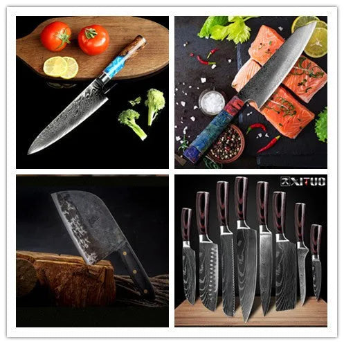 Eight-piece kitchen knives set with chef knife, bread knife, Japanese knives, and a separate Damascus steel cleaver on a wooden surface.