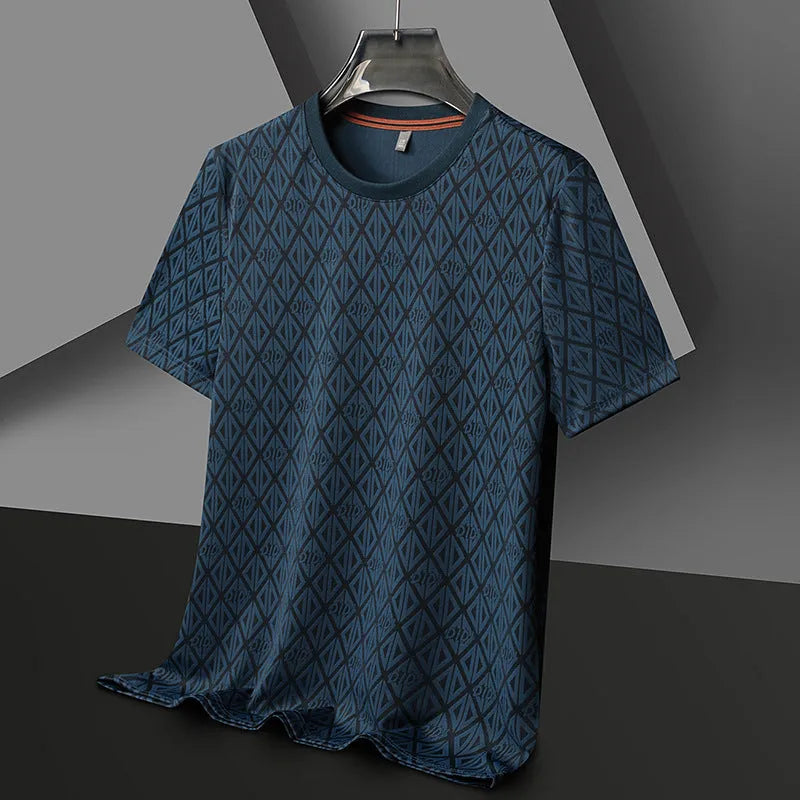 Man wearing a loose fit black jacquard short sleeve ice silk t-shirt.