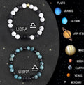 Set of twelve natural stone bead bracelets showing different zodiac signs on elastic cords