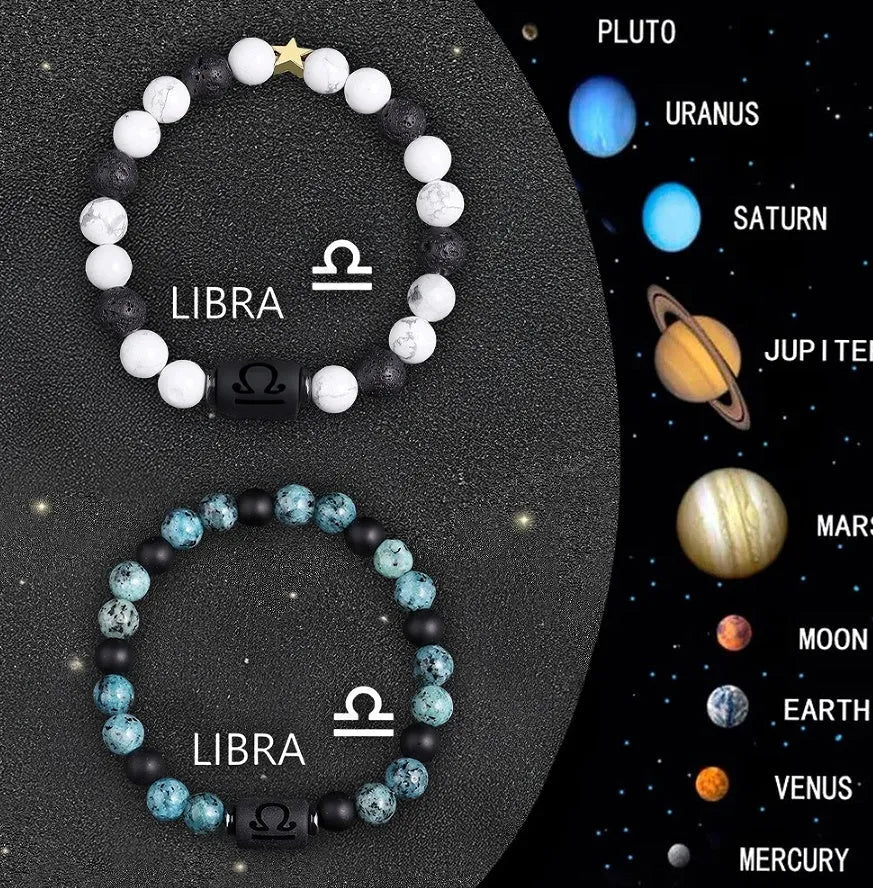Set of twelve natural stone bead bracelets showing different zodiac signs on elastic cords