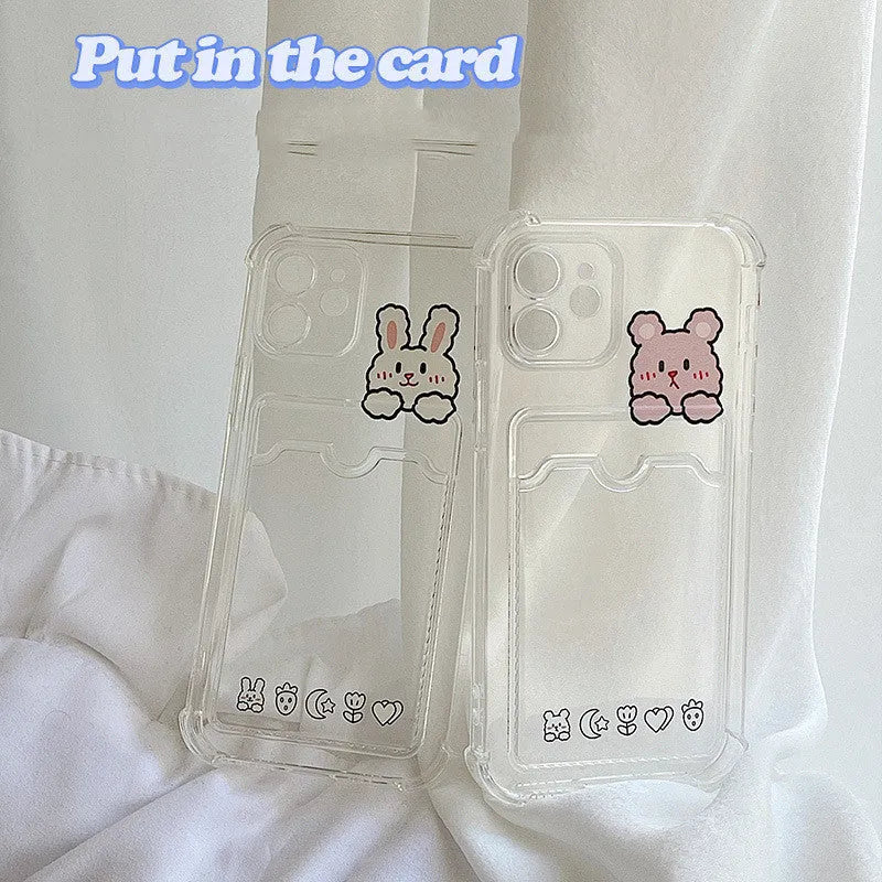 Transparent cartoon TPU phone case with card holder for Apple iPhone